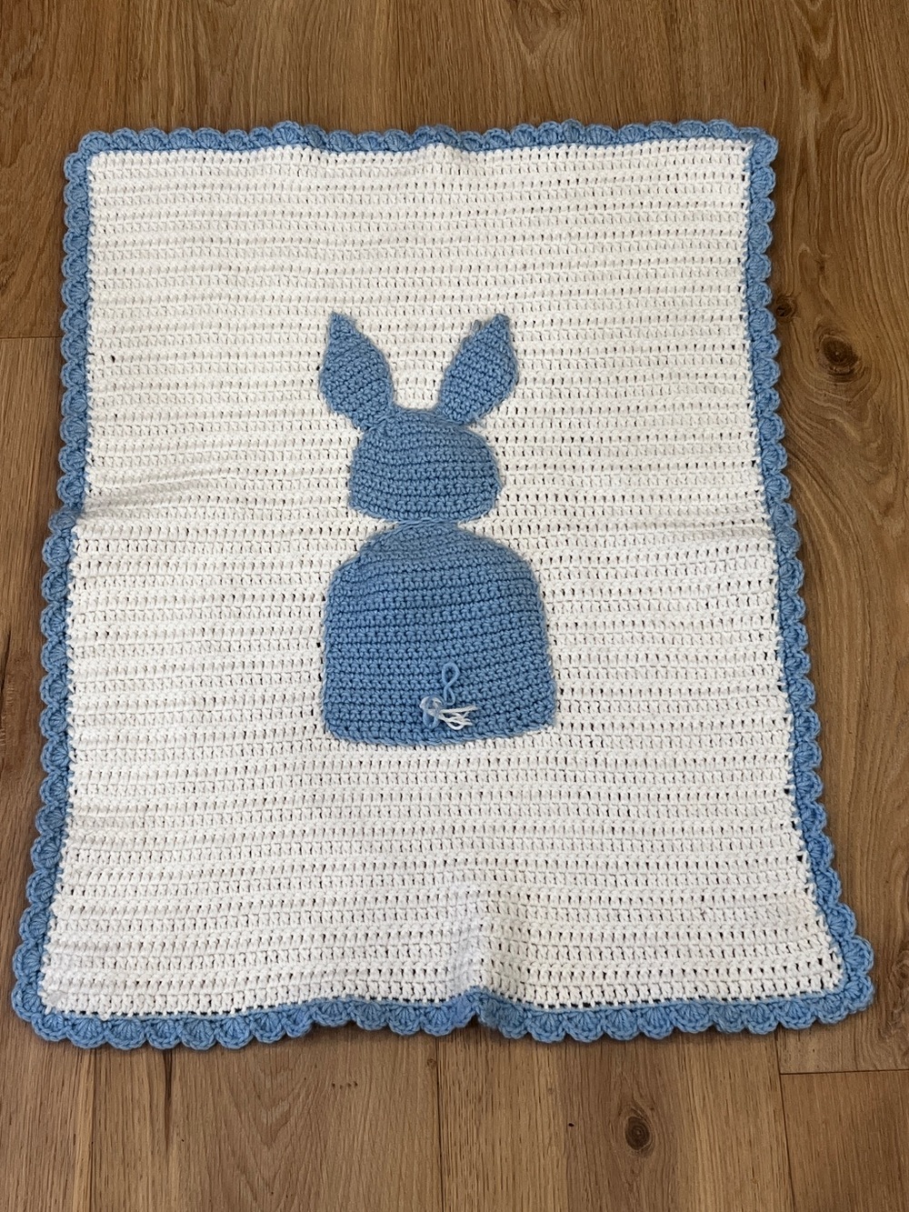 Handmade Crochet Baby Blanket Bunny Lovey Blue White 29”x24”
